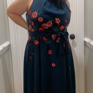 Elle Navy Dress with Red Floral Accents